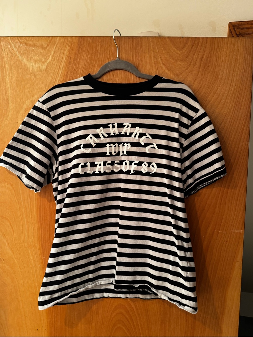 Carhartt WIP Black and White Striped Short Sleeve Tee with Front Graphic